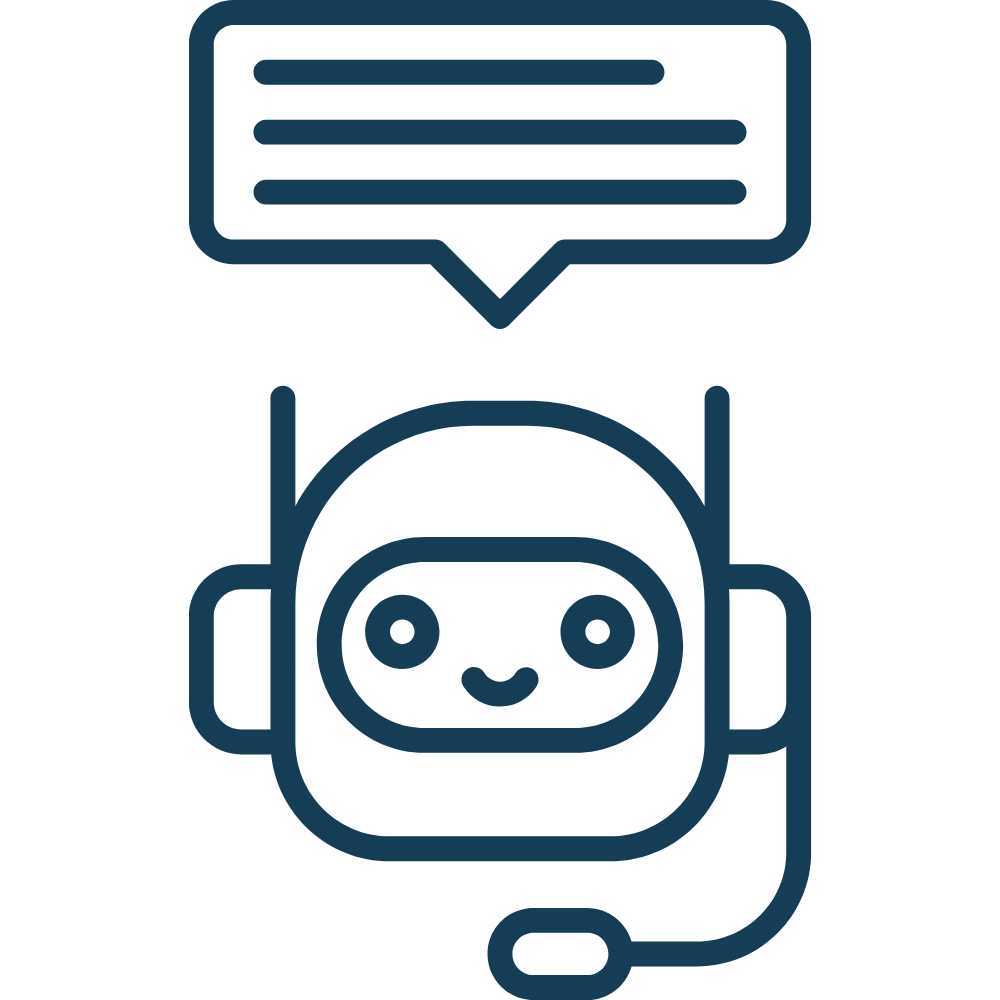 Eine Illustration eines kleinen Roboters mit einem Headset und einem Sprechblasen-Icon über dem Kopf.