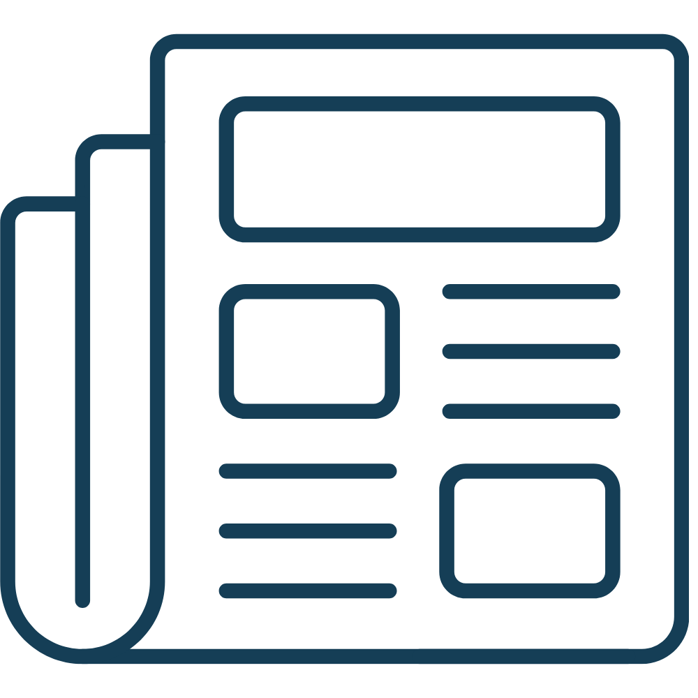 Eine stilisierte Illustration einer Zeitung mit Textblöcken und Überschriften