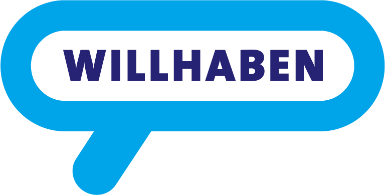 Blauer Sprechblasen-Button mit weißen Hintergrund und dunkelblauer Schrift, die das Wort 'WILLHABEN' zeigt.