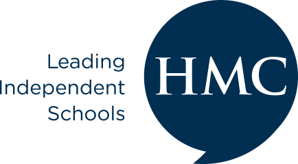 Logo of HMC, a leading independent schools organization, featuring blue text and a blue speech bubble