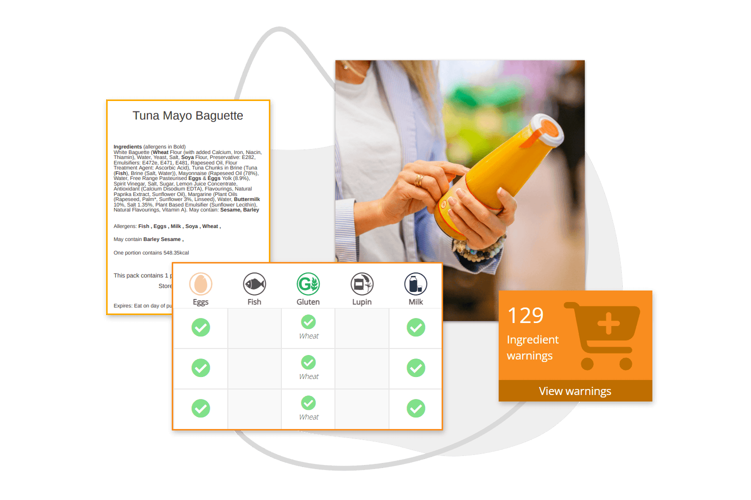 CaterCloud - A woman holding a bottle of orange juice in a grocery store aisle with a product label and a warning icon indicating ingredient warnings.