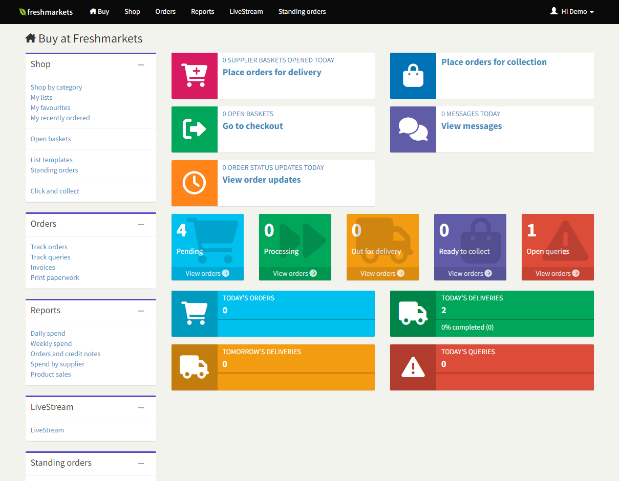 Screenshot of an online ordering dashboard for Freshmarkets, showing sections for orders, reports, LiveStream, and standing orders, with various status indicators for supplier baskets, orders, messages, and deliveries.