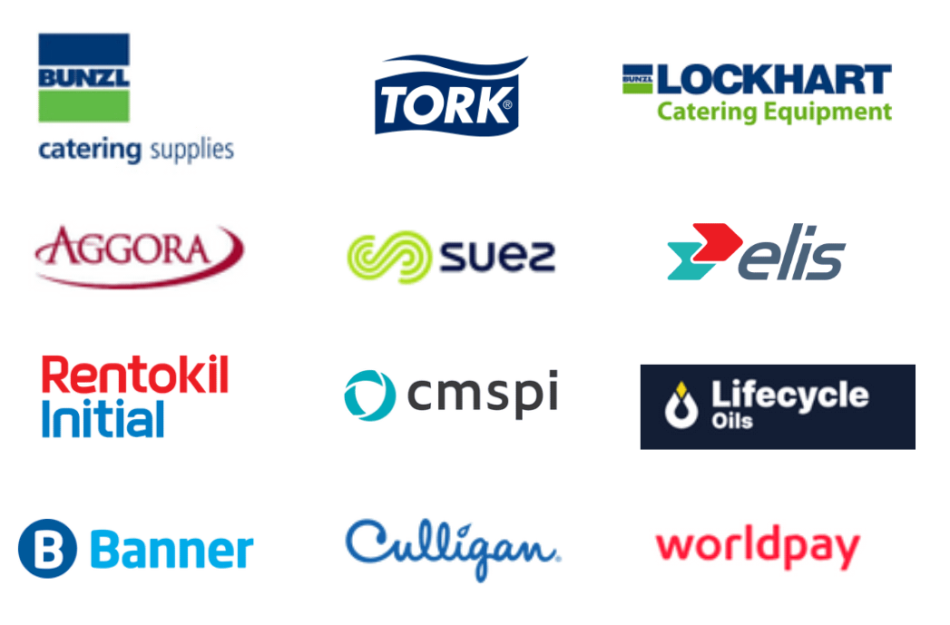 Collection of various company logos, including Bunzl catering supplies, Tork, Lockhart Catering Equipment, Aggora, Suez, Elis, Rentokil Initial, Cm spi, Lifecycle Oils, Banner, Culligan, and Worldpay.