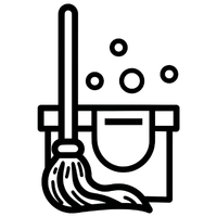 A line drawing of a cleaning mop and bucket