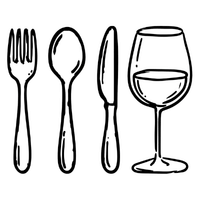 Outline drawing of a fork, spoon, knife, and a wine glass.