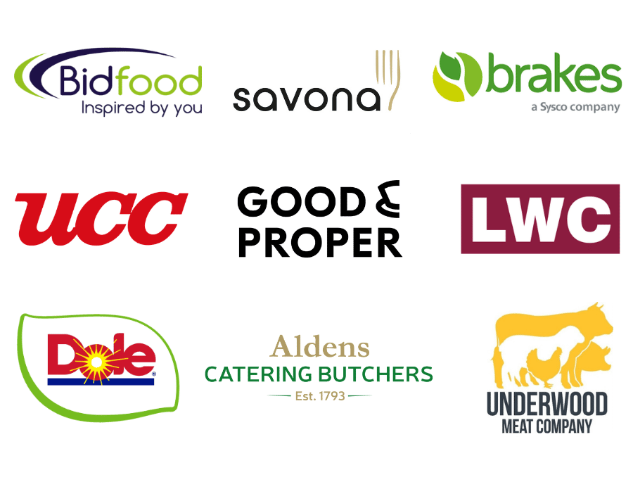 A collage of nine different business logos, including Bidfood, Savona, Brakes, UCC, Good & Proper, LWC, Dole, Aldens Catering Butchers, and Underwood Meat Company.