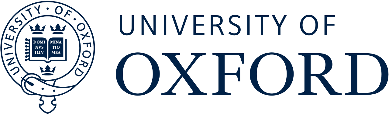 University of Oxford logo with a circular emblem, a shield with open books, and a snake coiled around a sword, alongside the text 'University of Oxford' in dark blue.