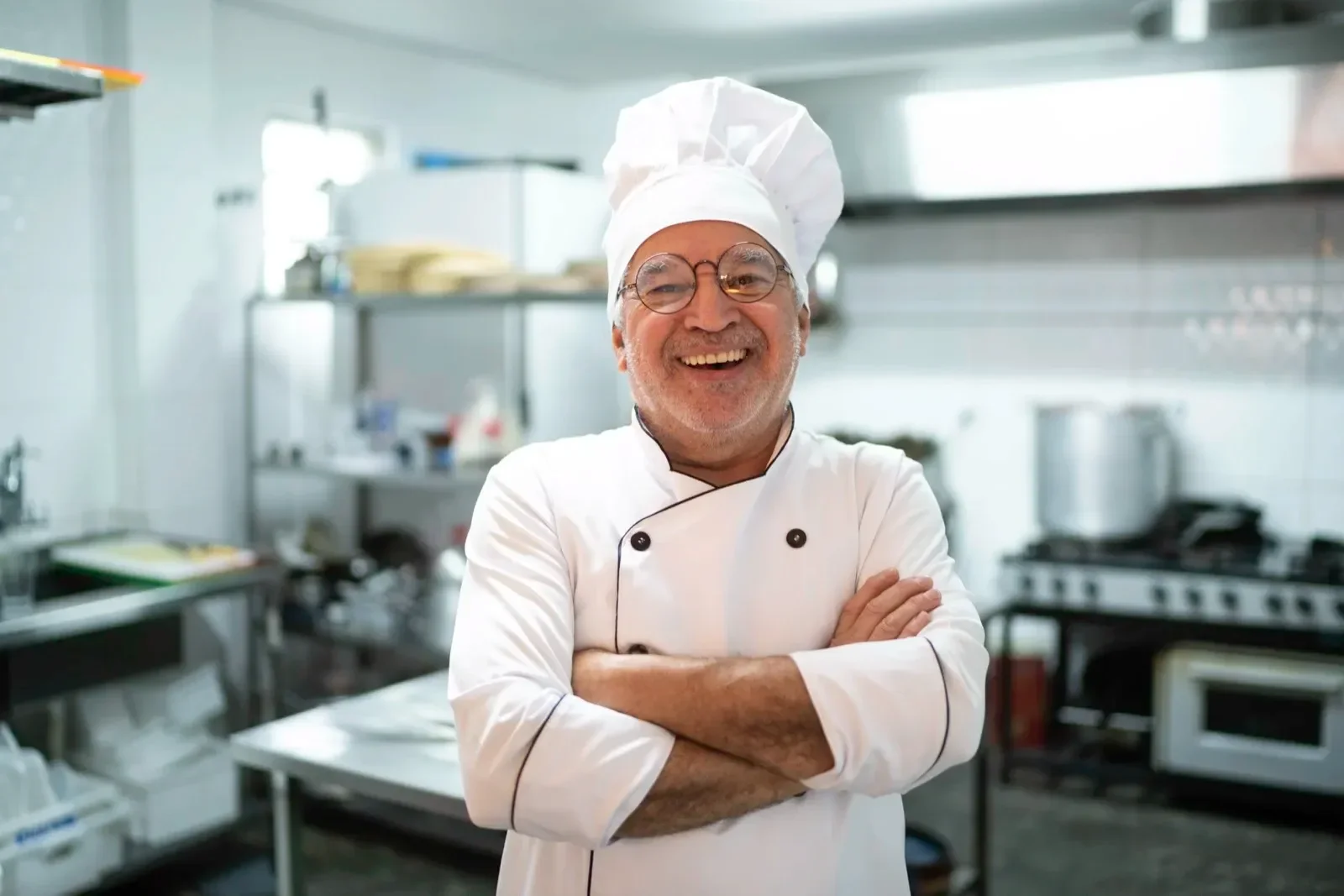 Smiling chef in a professional kitchen wearing a white chef's coat and hat, with arms crossed.