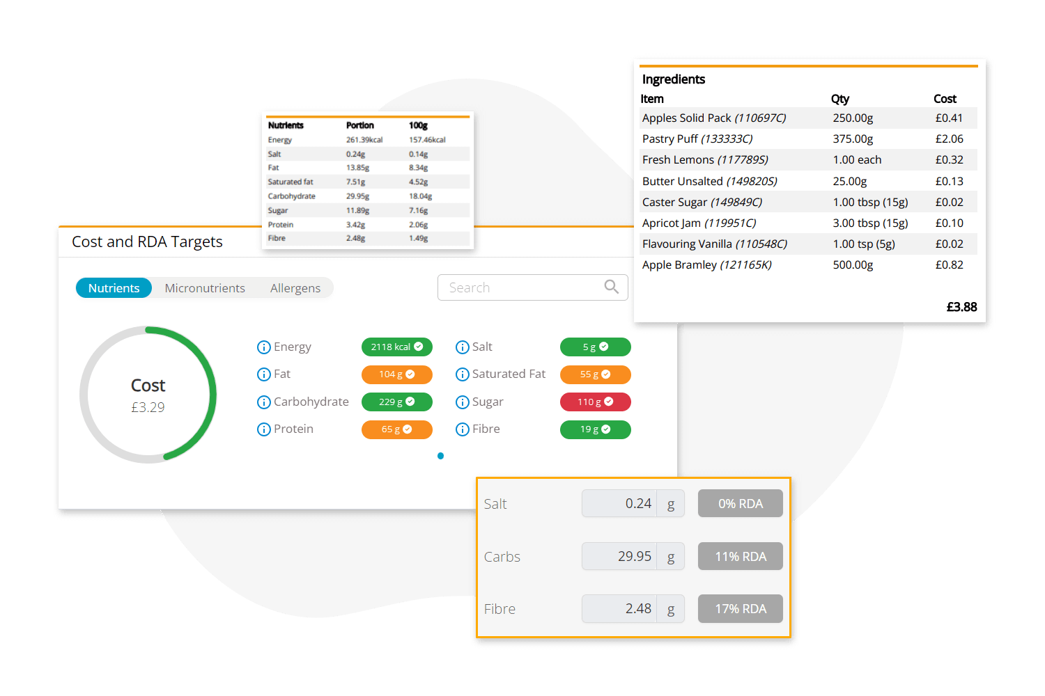 CaterCloud - Collection of digital food analysis and nutrition information screens displaying ingredients, nutrients, cost, and RDA targets for a apple pie recipe.
