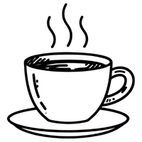 Illustration of a steaming cup of coffee on a saucer.