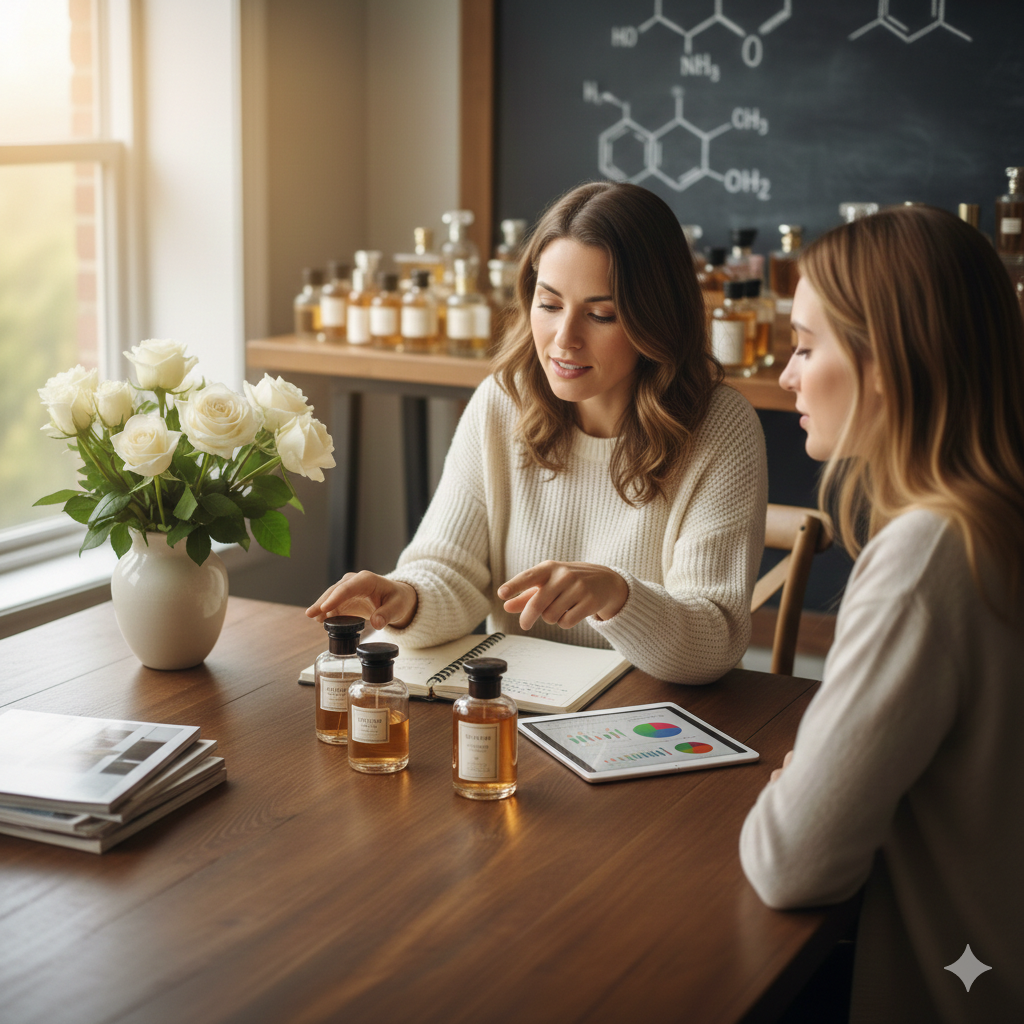 Zwei Frauen diskutieren an einem Tisch mit Parfümflaschen, einem Tablet mit Diagrammen und einem Notizbuch, während sie in einem Raum mit chemischer Formel an der Tafel im Hintergrund sitzen.