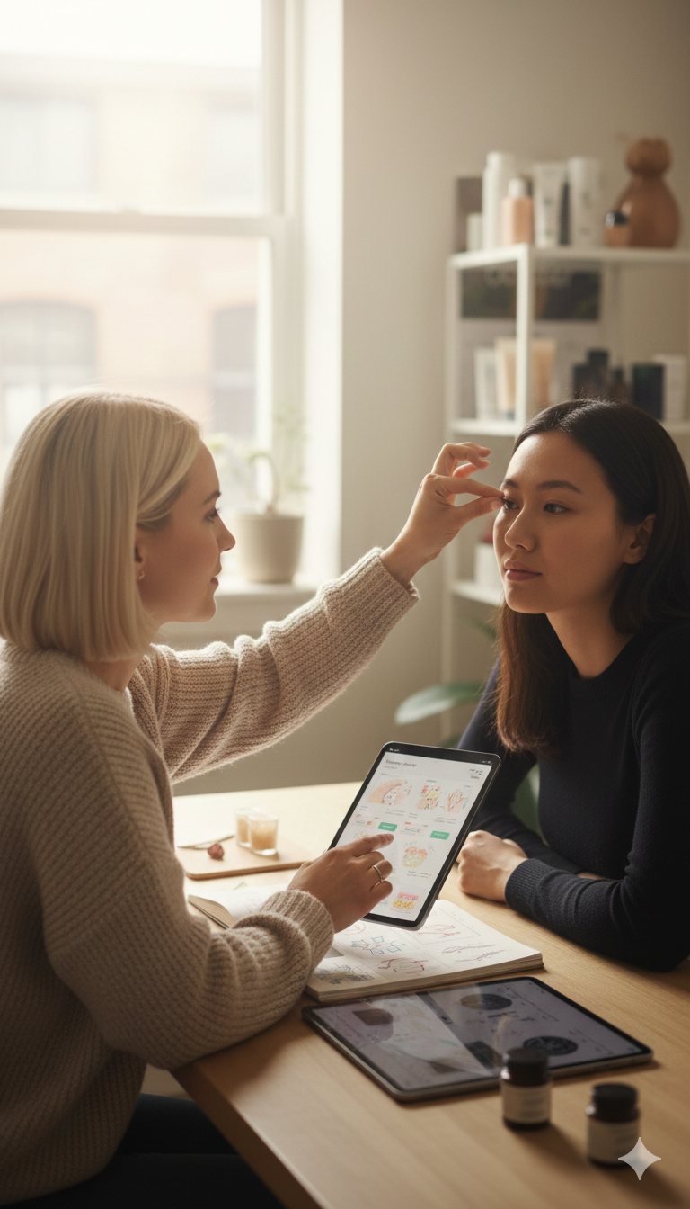 Zwei Frauen sitzen an einem Tisch, eine führt eine Hautuntersuchung durch, während die andere ein Tablet mit Hautanalyse-Apps betrachtet.