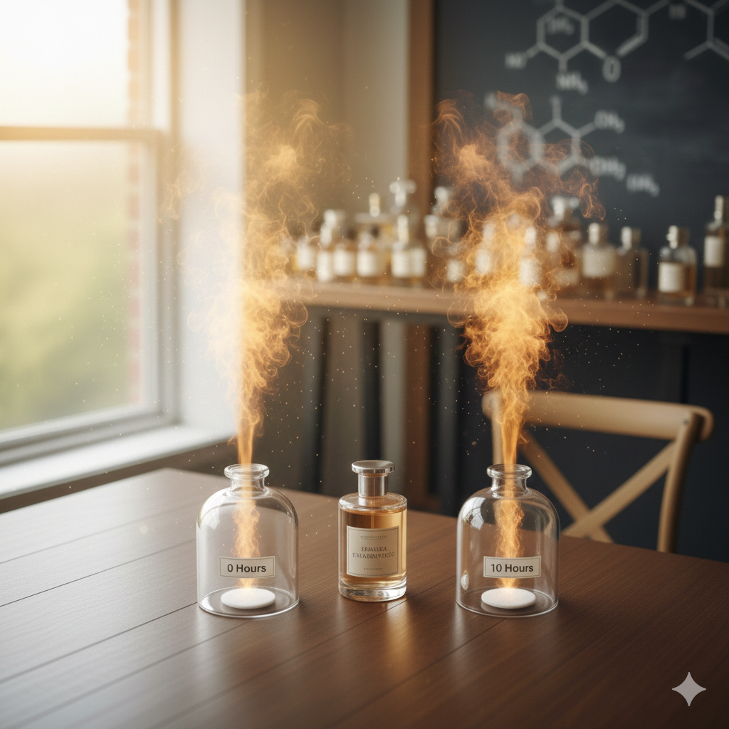 Zwei Fläschchen mit Flammen, die aus den Öffnungen steigen, und ein weiteres Fläschchen dazwischen auf einem Tisch in einem Labor. Die Fläschchen sind mit Etiketten versehen, eines sagt "0 Hours" und das andere "10 Hours".