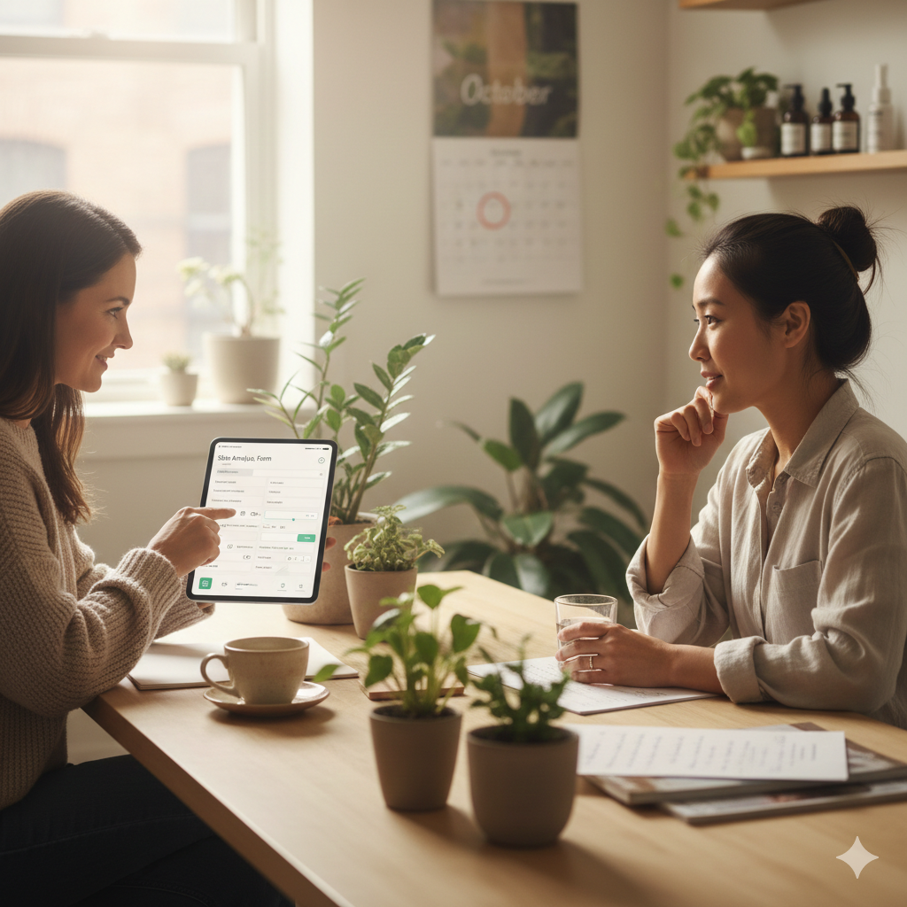 Zwei Frauen sitzen bei einem Gespräch in einem hellen, freundlich eingerichteten Raum mit Pflanzen und einem Kalender an der Wand. Eine der Frauen zeigt auf ein Tablet, auf dem eine Online-Formularseite zu sehen ist.