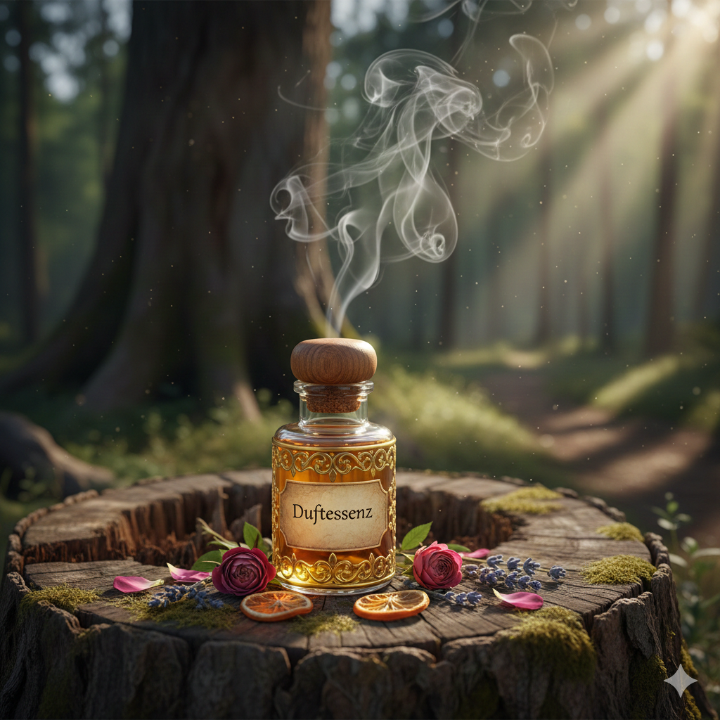 Apothekerflasche mit Duftessenzen auf einem Baumstamm im Wald, umgeben von Blumen und getrockneten Orangenscheiben, mit Rauch oder Dampf, der aufsteigt.