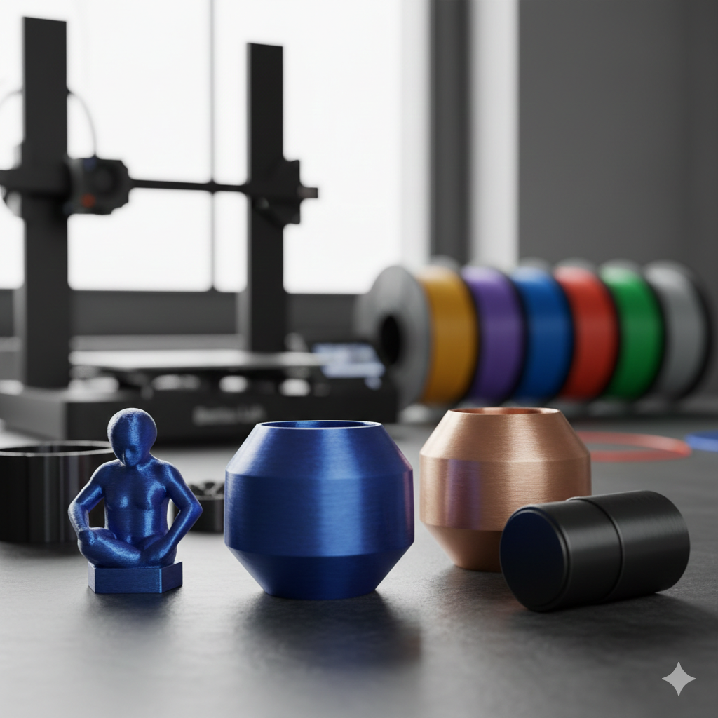 Kleine blaue Figur in einer Meditationspose neben bunten geometrischen Objekten auf einem Tisch, im Hintergrund Farbrollen und Fitnessgeräte.