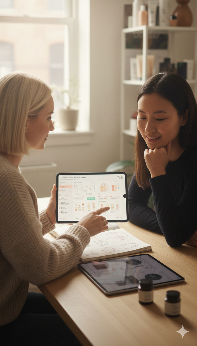 Zwei Frauen sprechen bei einer medizinischen Beratung oder einer pharmazeutischen Beratung. Eine Frau zeigt einer anderen Frauen auf einem Tablet medizinische oder pharmazeutische Informationen.