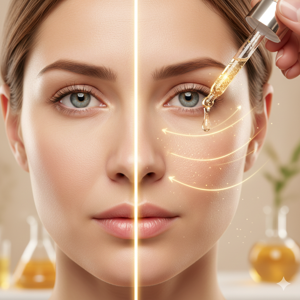 Das Bild zeigt eine Frau mit heller Haut und blauen Augen, die auf einem kosmetischen oder medizinischen Behandlungsbild sitzt. Es ist eine digitale Illustration, die eine Vorher-Nachher-Darstellung von Hautpflege oder Hautbehandlung zeigt, wobei auf der rechten Seite der Frau eine Pipette mit einer goldenen Flüssigkeit verwendet wird.