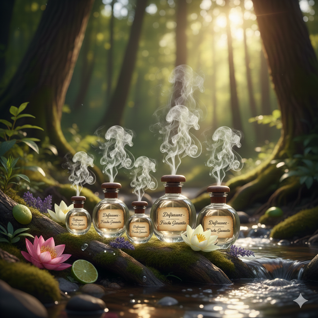 Fünf Fläschchen mit Kräuteressenz in einem Waldbach, umgeben von Blumen und Früchten, mit Dampf, in einer sonnendurchfluteten Waldlandschaft.