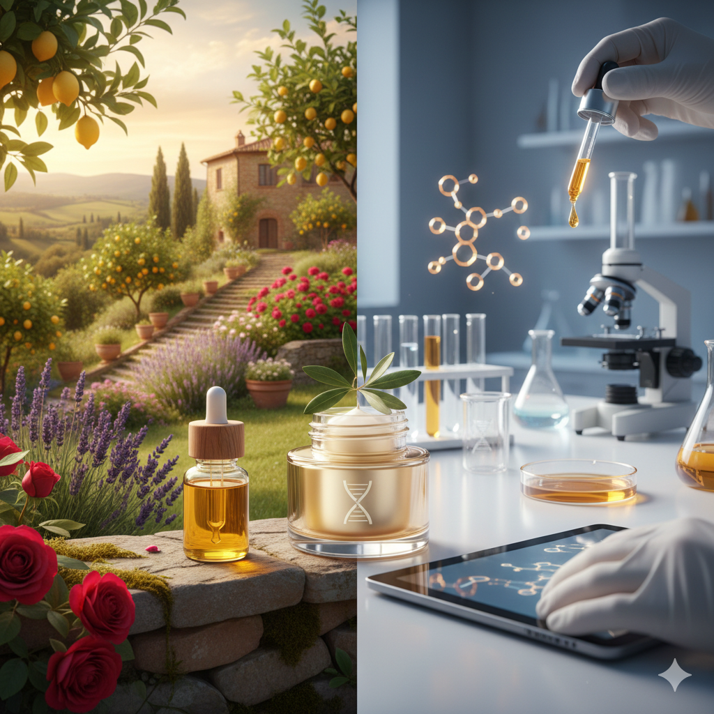 Auf der linken Seite eine ländliche Landschaft mit einem Haus, blühenden Pflanzen, Lavendel, Rosen und Zitronenbäumen bei Sonnenuntergang. Auf der rechten Seite ein modernes Labor mit wissenschaftlichen Geräten, einem Mikroskop, Testgläsern, einem Reagenzglas mit einer goldenen Substanz, einer Pipette, einem Tablet mit DNA- und Moleküldesigns und einem Golddropper, alles in einem sterilen Umfeld mit Handschuhen.
