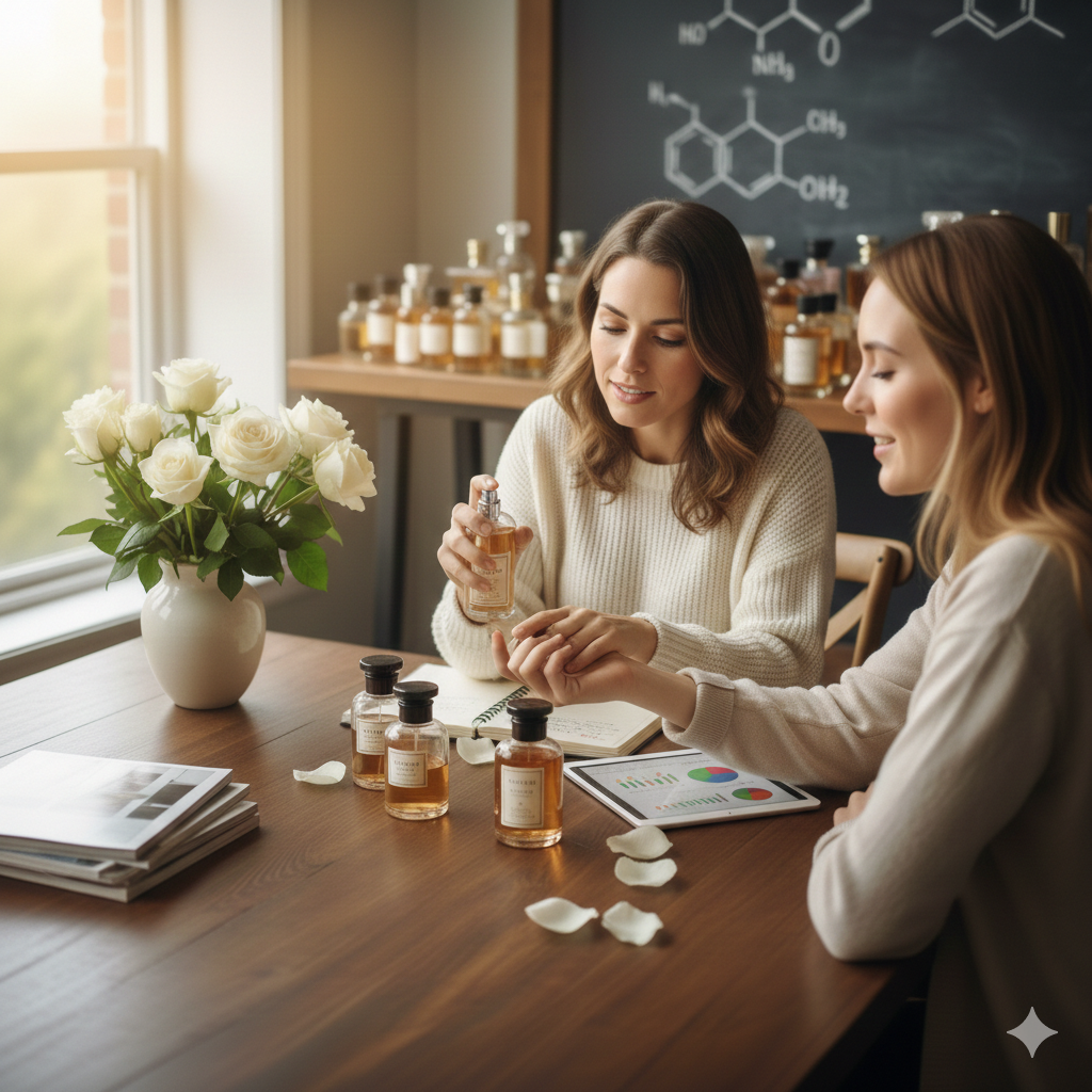 Zwei Frauen testen Parfüm im Raum mit chemischen Formeln an der Tafel im Hintergrund und Parfümflaschen auf dem Tisch, dabei gibt es eine Vase mit weißen Rosen.