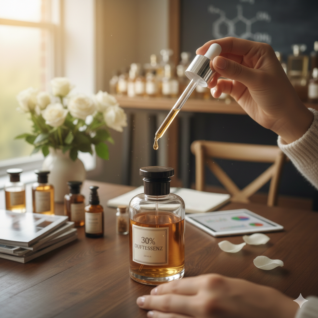 Hand, die ein Glas Parfüm mit der Aufschrift '30% DUFTESSENZ' aus einem Pipettenbehälter in einem gemütlichen Raum mit Blumen, Chemie-Statistik und Notizen auf einem Tisch tropft.