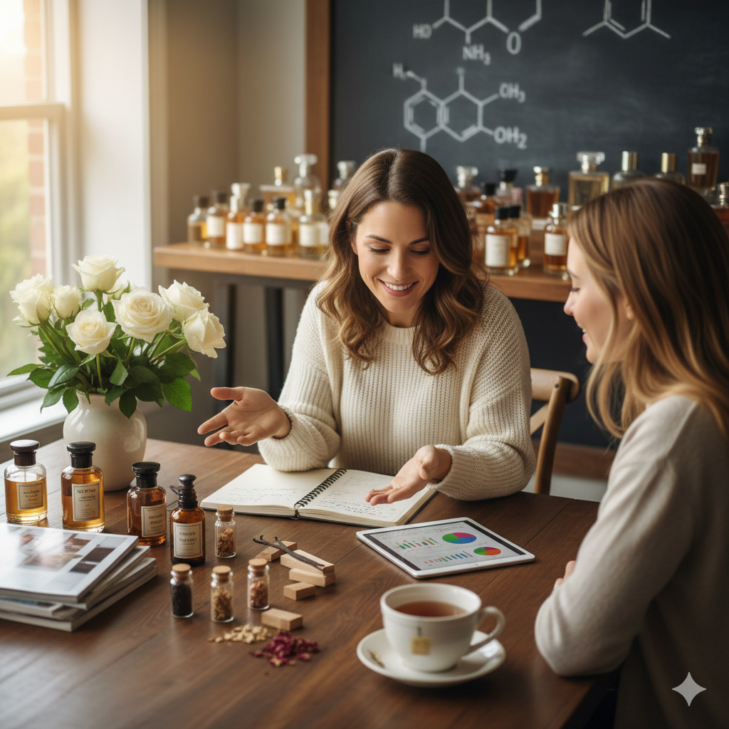 Zwei Frauen sprechen bei einer Teepause in einem Labor oder Studienraum, umgeben von Gläsern mit Kräutern, Papieren, einem Tablet mit Diagrammen und einer Tasse Tee, neben einem Bouquet weißer Rosen.