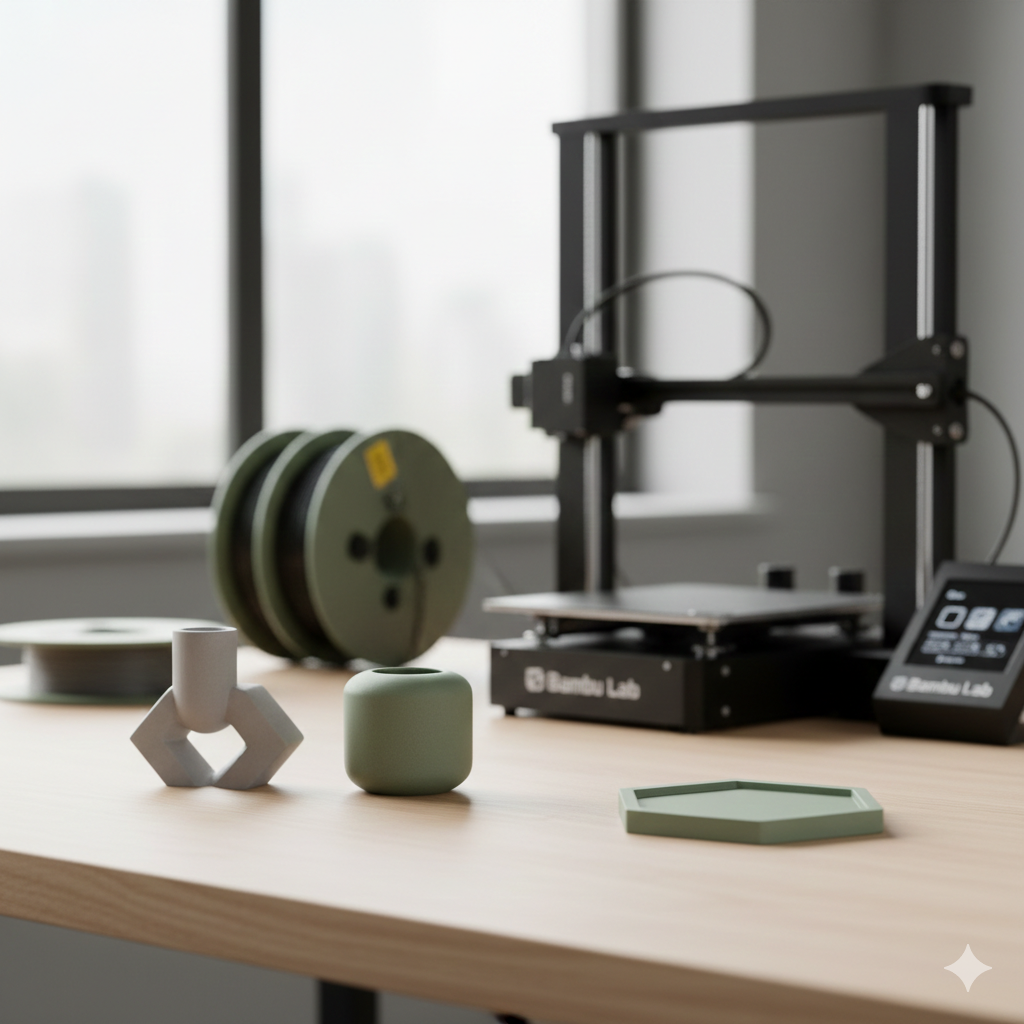 3 3D-gedruckte Objekte, darunter ein hexagonaler Blumentopf, eine kleine Vase, und eine rechteckige Schale, auf einem Tisch vor einem 3D-Drucker in einem Raum mit Fenstern.