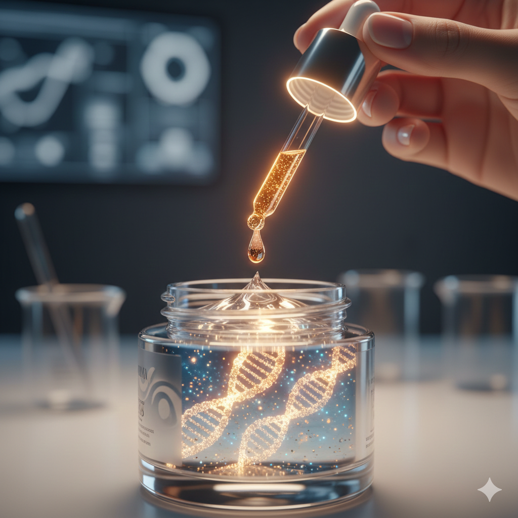 Hand hält eine Pipette mit goldener Flüssigkeit über ein Reagenzglas mit einer Glühbirne, die DNA-Stränge enthält, in einem chemischen Labor.