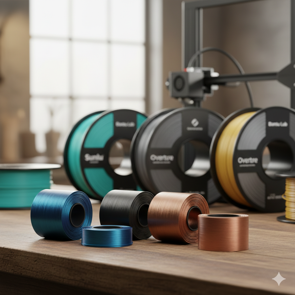 Verschiedene Spulen aus buntem 3D-Draht auf einem Holztisch, im Hintergrund 3D-Draht-Filamentspulen auf einer 3D-Drucker-Werkbank in einem Atelier.