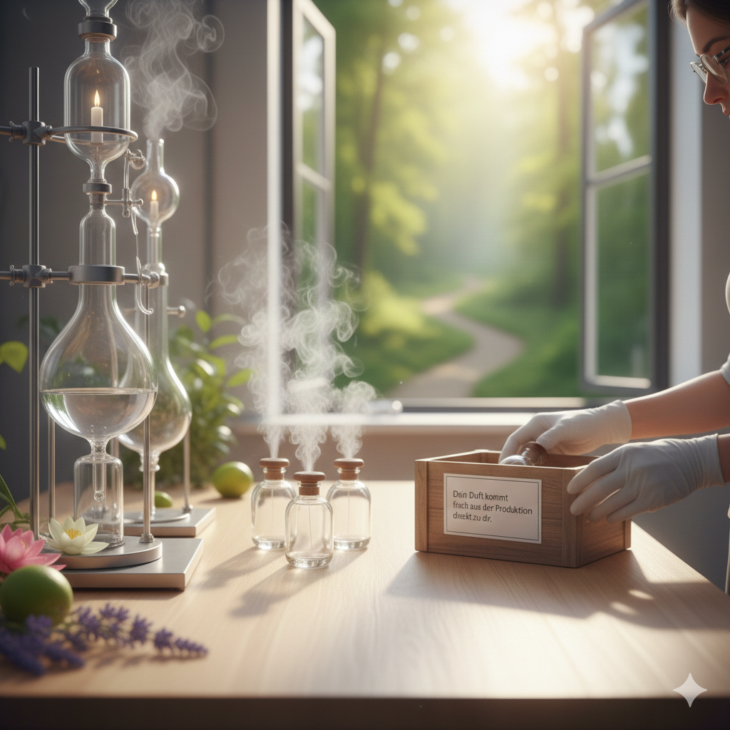 Eine Person trägt Gummihandschuhe und arbeitet mit Fläschchen in einem Raum mit chemischen Apparaturen. Im Hintergrund ist ein offenes Fenster mit Blick auf einen sonnigen, grünen Wald. Auf der Tabelle liegen Blumen und grüne Äpfel.