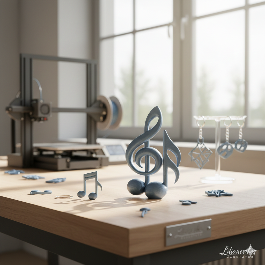 Musikdekorationen, darunter eine große Note, stehen auf einem Tisch neben einem 3D-Drucker, mit perlenähnlichen Ohrringen im Hintergrund, in einem Sonnenlicht durchfluteten Raum.