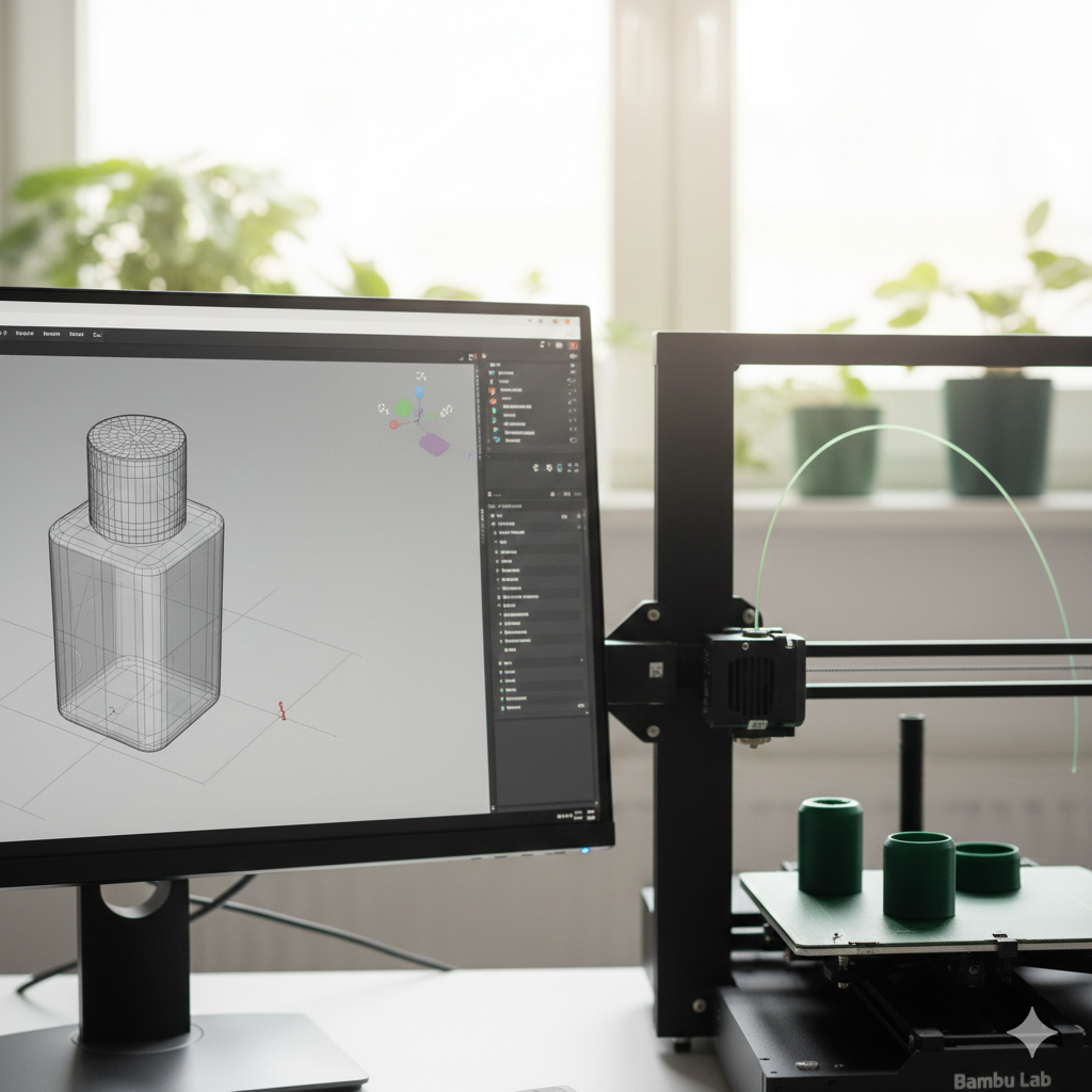 Computerbildschirm mit 3D-Modell eines Flaschen-Designs in einer Design-Software, daneben ein 3D-Drucker mit gedruckten kleinen grünen Flaschenmodellen.
