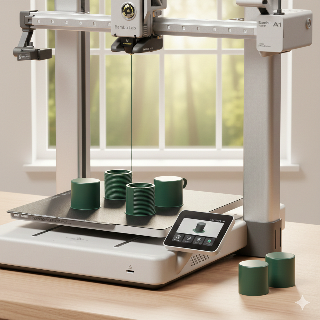 Eine 3D-Druckmaschine mit grünem Druckmaterial, das in mehrere Formen gefüllt ist, im Hintergrund ein Fenster mit Blick nach draußen.