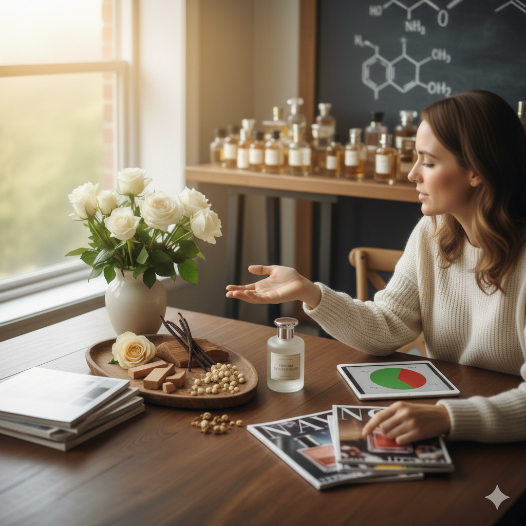 Eine Frau in einem gemütlichen Raum mit Chemiebüchern, einer Vase mit weißen Rosen, einer Duftprobe und wissenschaftlichen Modellen auf dem Tisch, die sich mit Kosmetik oder Duftstoffen beschäftigt.