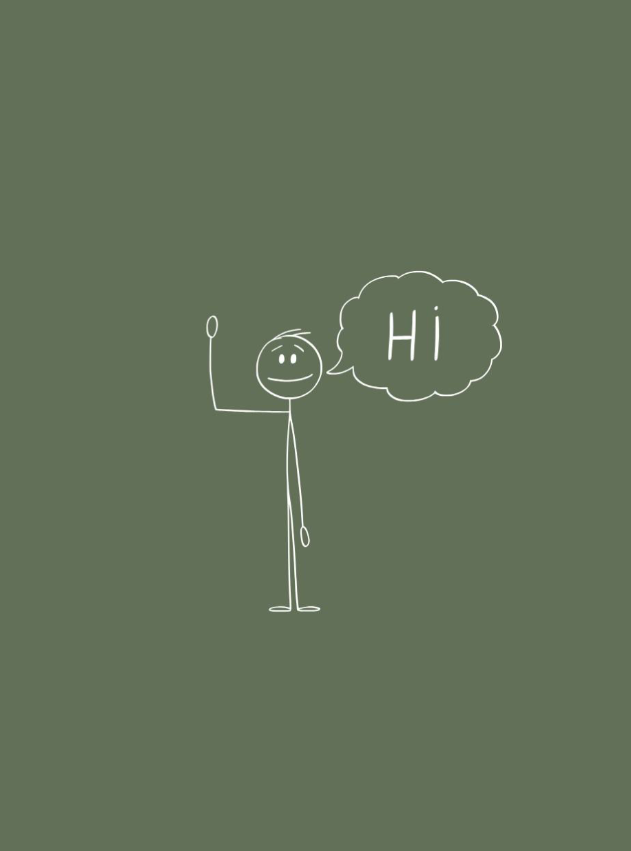 A simple stick-figure drawing of a person smiling and saying "Hi" with a speech bubble on a plain green background.