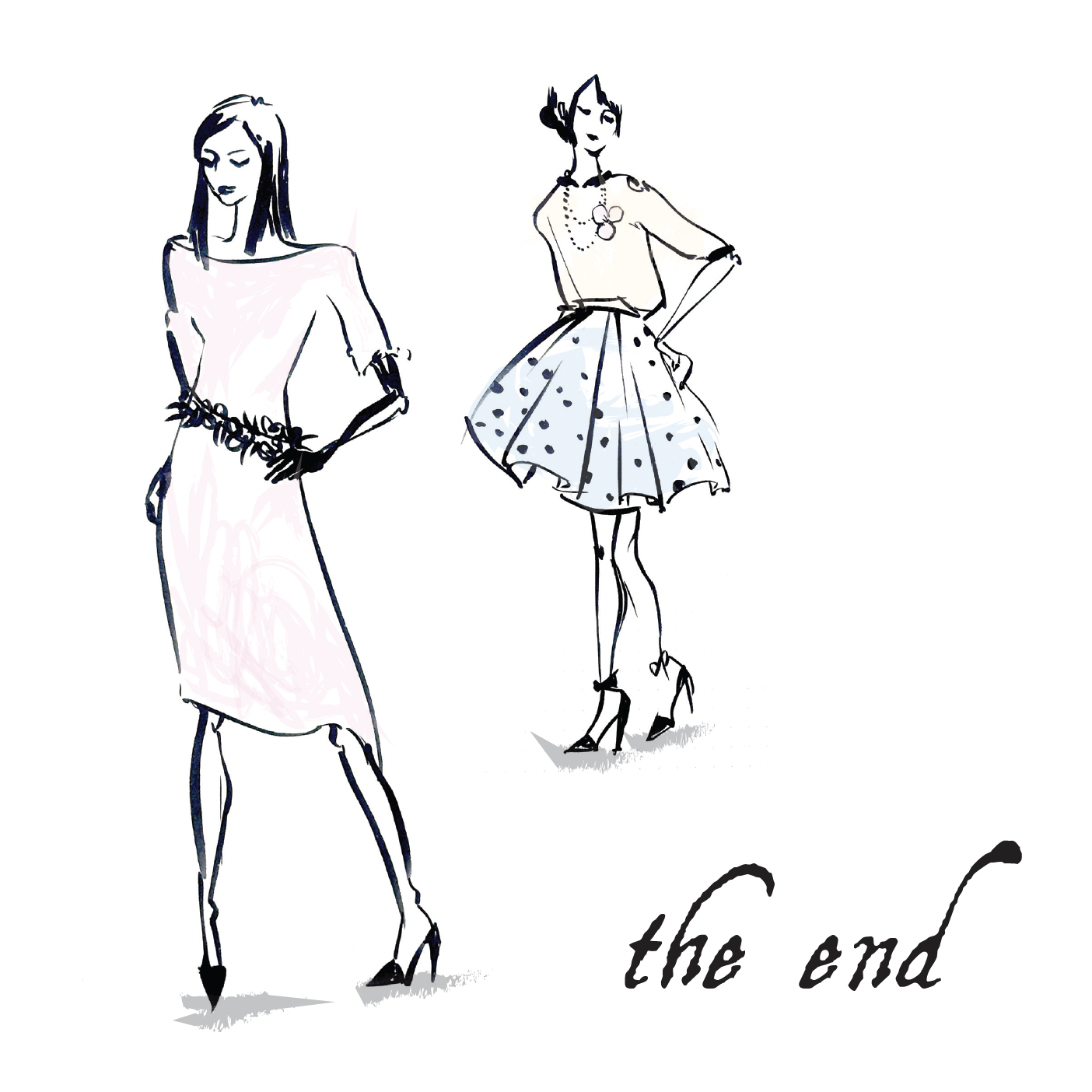 Fashion sketches of women in stylish dresses with high heels, accompanied by the text 'the end'.