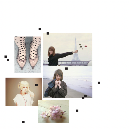 Collage of five photos featuring different scenes, including a pair of patterned shoes, a woman with an Eiffel Tower backdrop holding roses, a girl looking at the camera on a beach, a girl with a blonde wig, and a close-up of pink flowers.