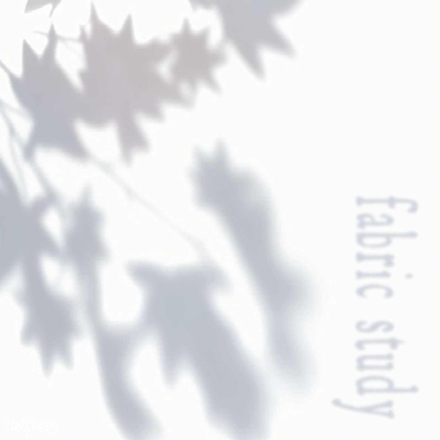 A shadow of leaves on a white background with the text 'fabric study' written vertically.