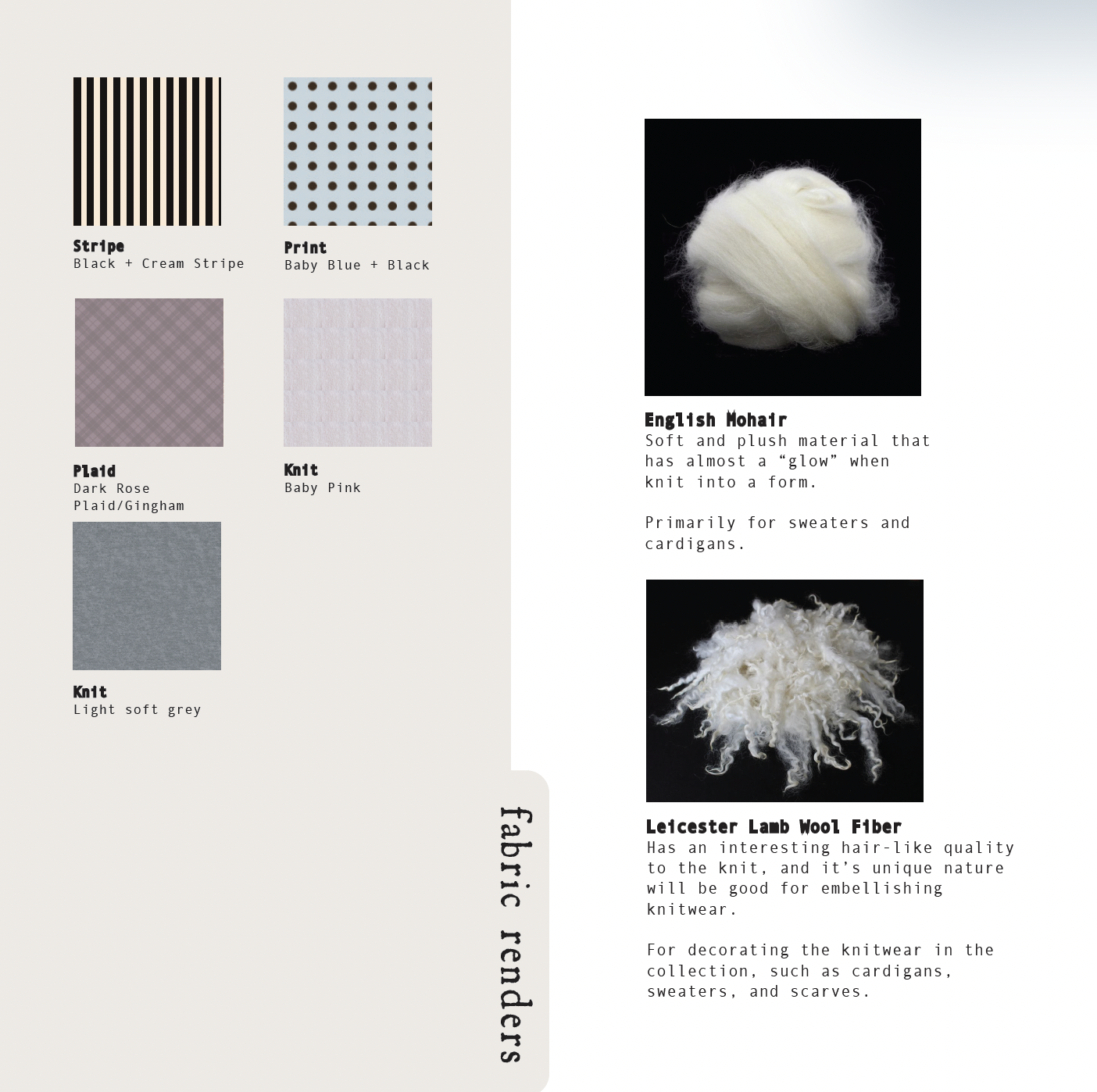 A page from a fabric collection catalog showing fabric swatches and yarns. On the left are five fabric swatches labeled Stripe, Print, Plaid, Knit, and Knit, with descriptions of each. On the right are two types of wool yarns, English Mohair and Leic