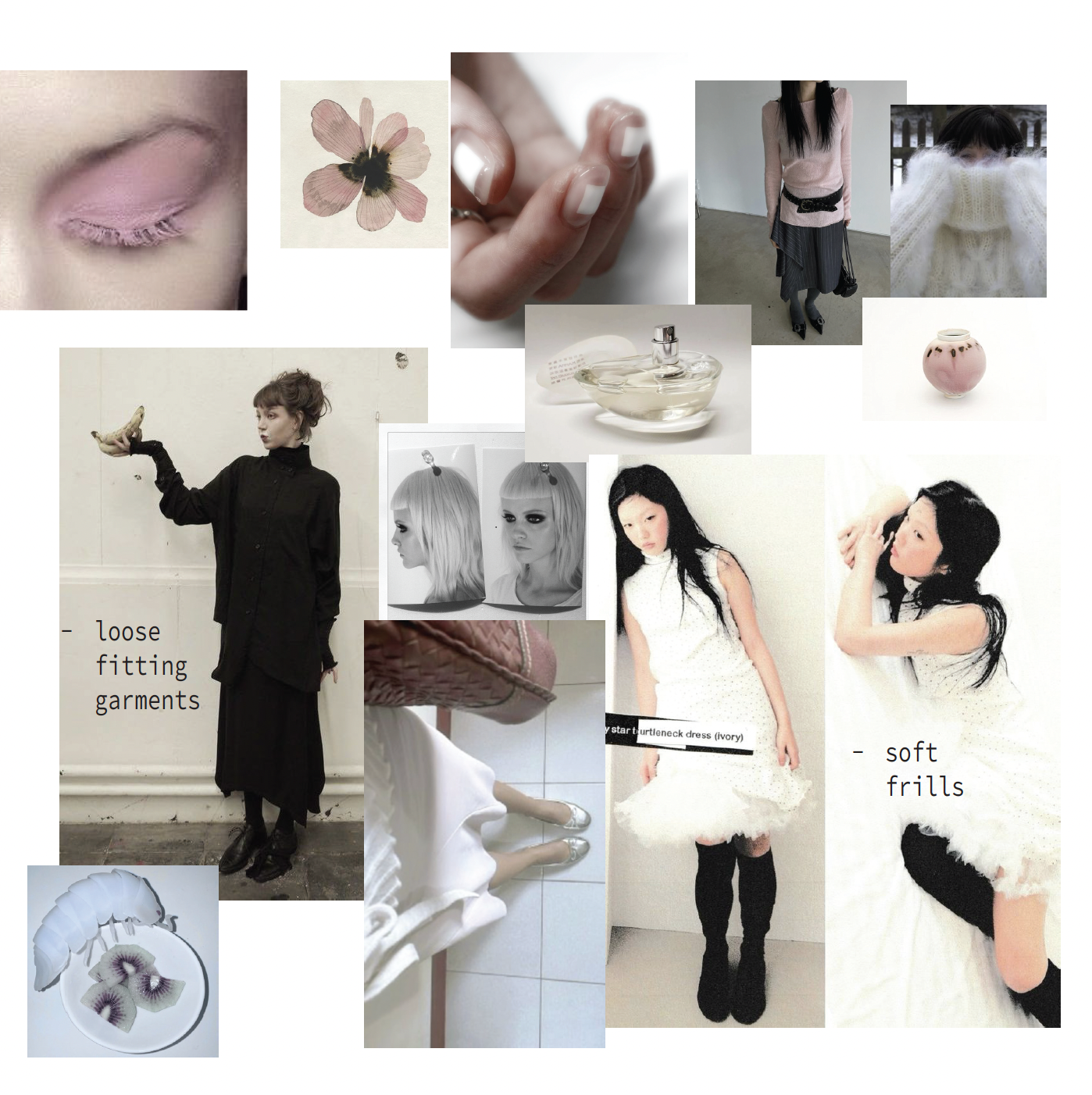 Collage of fashion and beauty items, including makeup, hair, clothing, and accessories, with descriptive notes about loose fitting garments and soft frills.