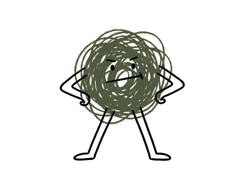 Un'immagine di pasta con un volto espressione arrabbiata e braccia posate sui fianchi.