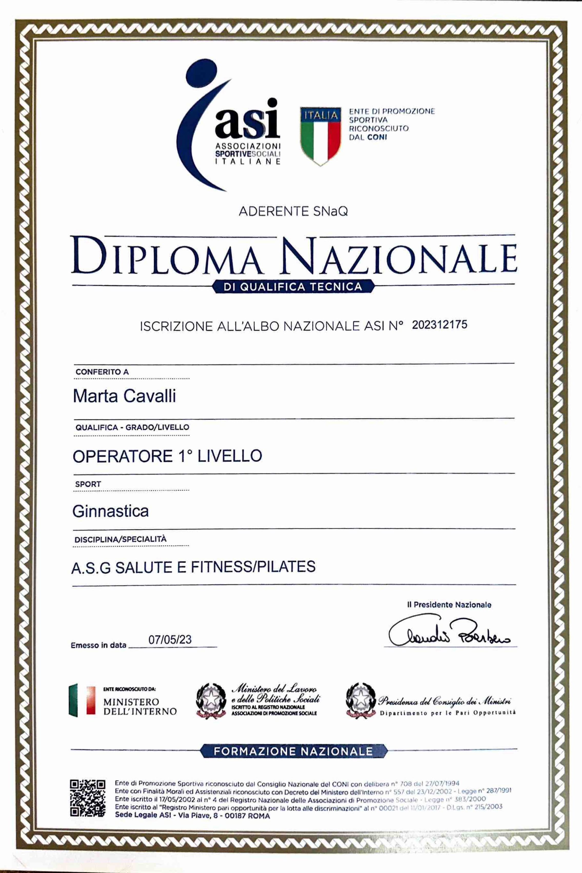 Diploma nazionale di qualificazione tecnica per Marta Cavalli, operatore di ginnastica, disciplina fitness e pilates, rilasciato il 7 maggio 2023, firmato dal presidente nazionale.