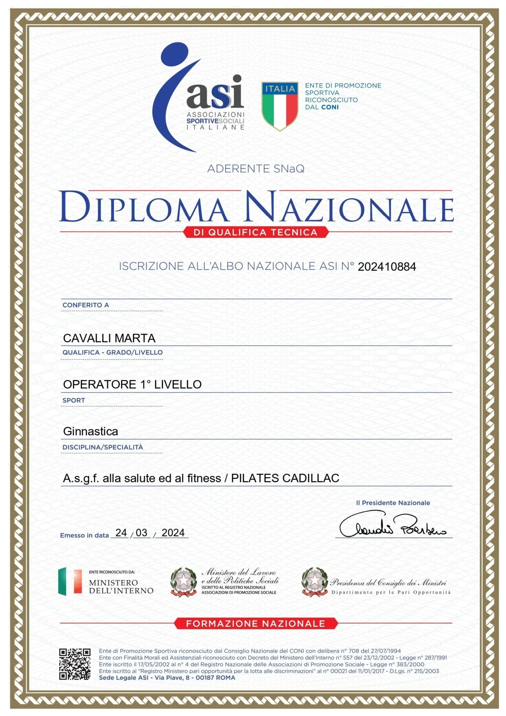 Diploma nazionale di qualificazione tecnica per Marta Cavalli, Pilates cadillac del 2024