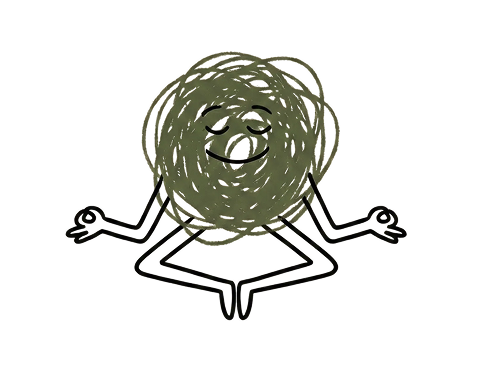 Un'illustrazione di un avocado con un volto sorridente che si mette in posizione di meditazione.