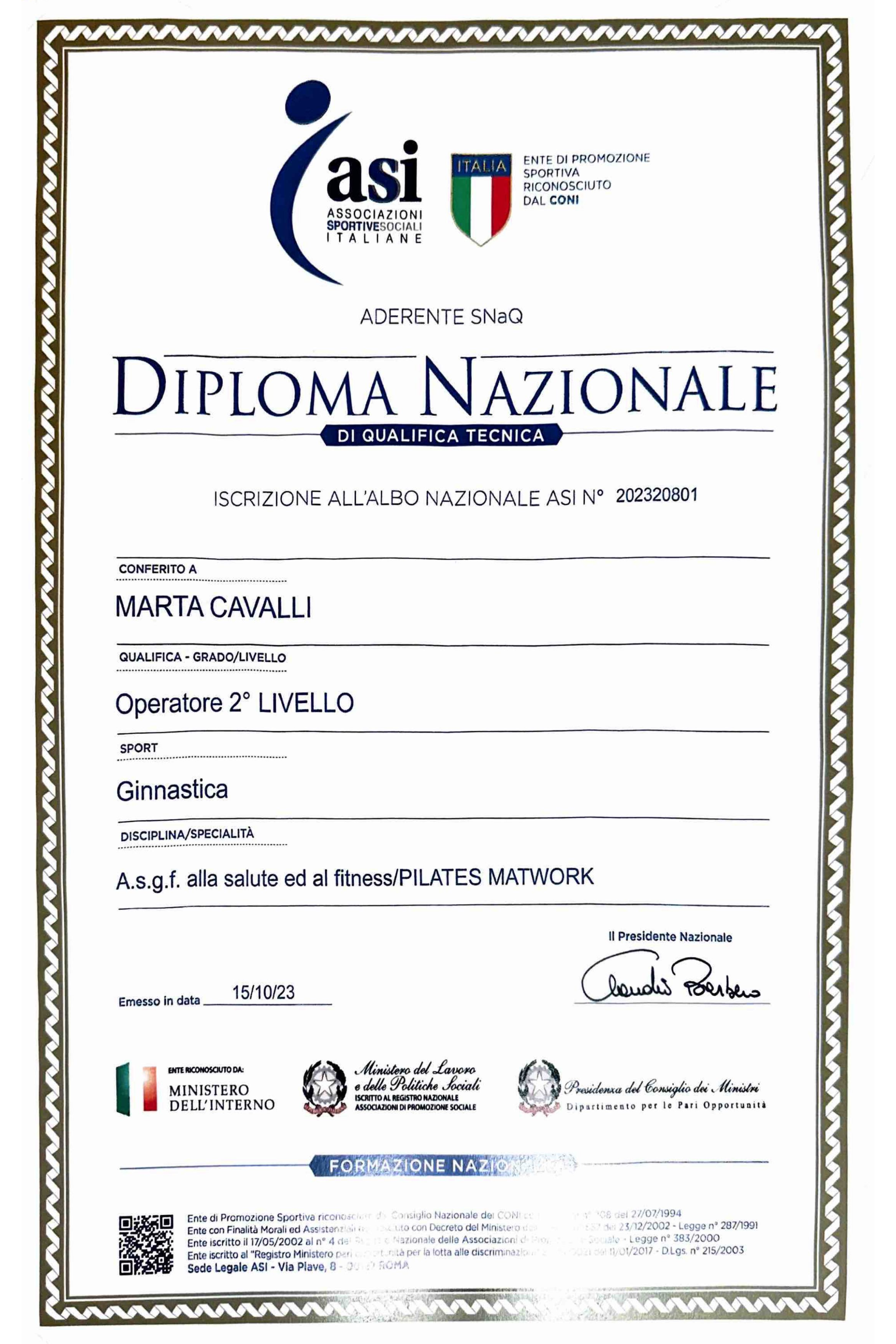 Diploma nazionale di qualificazione tecnica per Marta Cavalli, operatore di ginnastica, disciplina Pilates Matwork, rilasciato il 15/10/23 dall'ASI.