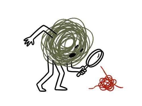 Un personaggio a forma di spaghetto con una testa a forma di nido di spaghetti, che spinge un ragnetto fatto di spaghetti con una forchetta.