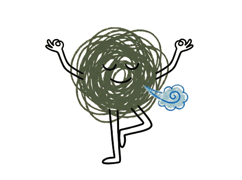 Un mucchietto di paglia con le braccia aperte e un'espressione felice, che fuma una pipa di fumo blu, con un'estremità appoggiata a un paio di scarpe. Sullo sfondo nero.