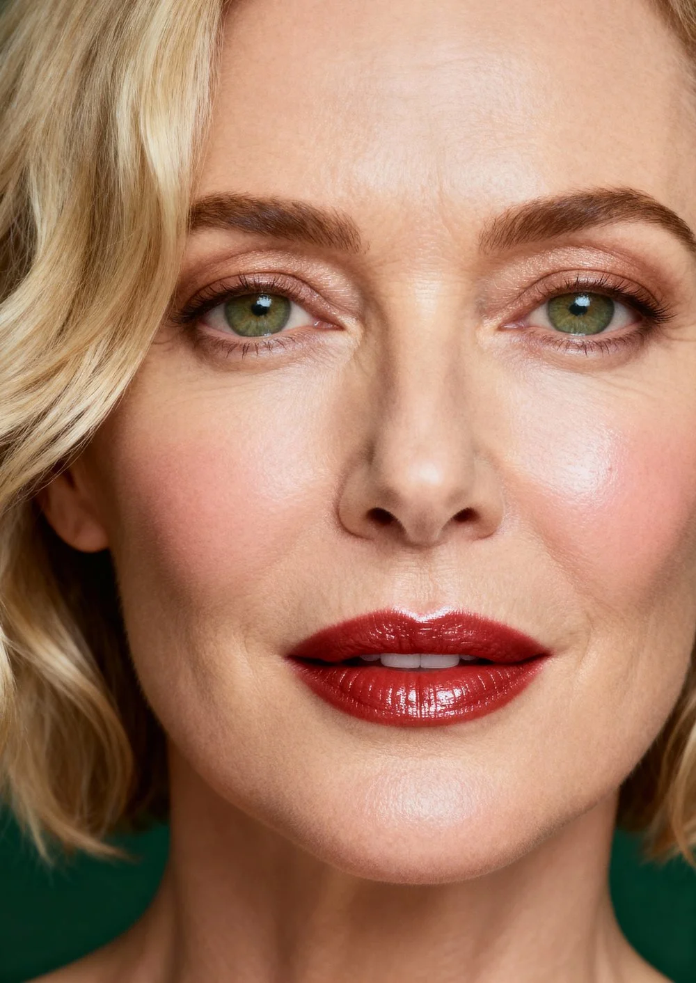 Close-up de uma mulher com pele clara, cabelo loiro cacheado, olhos verdes, maquiagem suave e lábios vermelhos brilhantes.