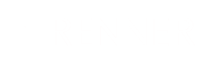 Logotipo com letra 'r' dentro de um círculo branco e a palavra 'RENNER' em letras maiúsculas brancas ao lado, em fundo preto.